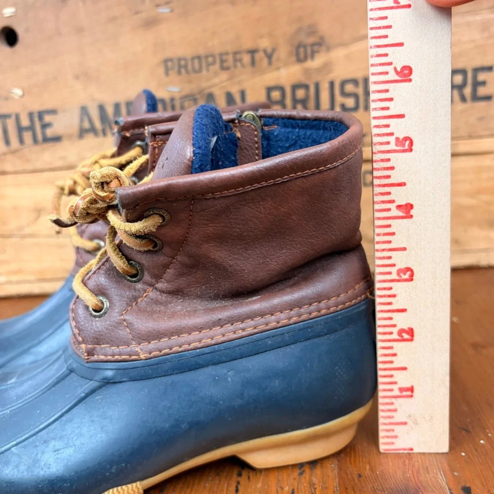 Sperry Saltwater Kids 1‎ Duck Boots Navy Brown Leather Fleece Lined Rain Boots